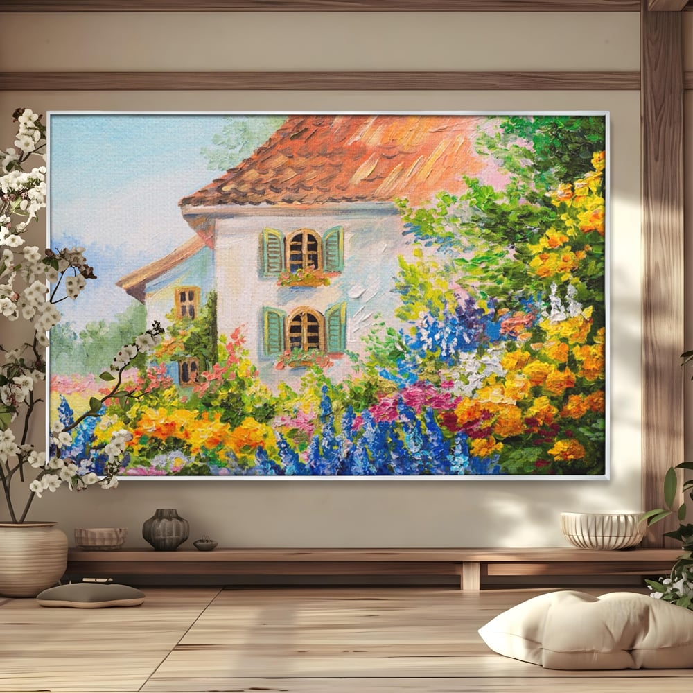 Tablou canvas cu pictura cu casa alba si flori, in rama de aluminiu argintiu